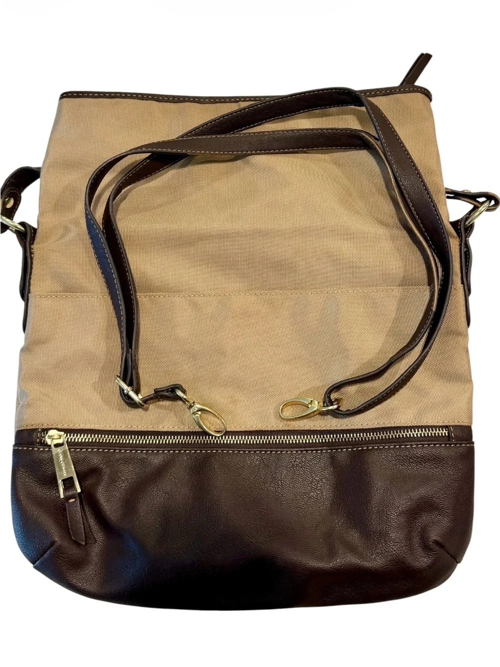 Vintage Franco Sarto Canvas Leather Fold Over Shoulder Bag in Beige/Dark Brown